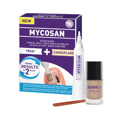 MYCOSAN TREAT+CAMOUFLAGE FUNGAL NAIL, gydomasis rinkinys nuo nagų grybelio, serumo 5 ml + dildės nagams 10 vnt. + nagų lakas 8 ml paveikslėlis
