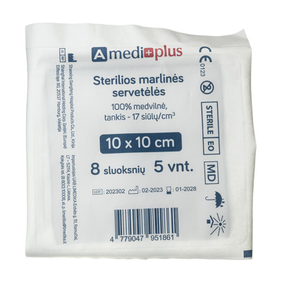 AMEDIPLUS, servetėlės sterilios marlinės 10x10cm, 8 sluoksnių N5 paveikslėlis
