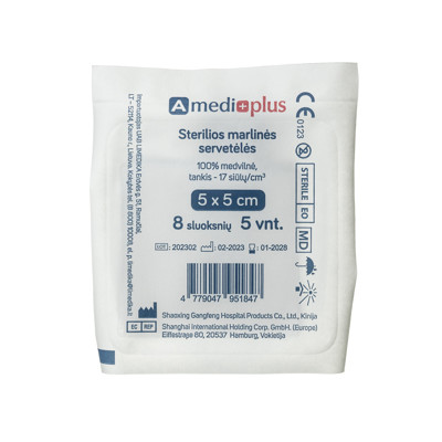 AMEDIPLUS, servetėlės sterilios marlinės 5x5cm, 8 sluoksnių N5 paveikslėlis