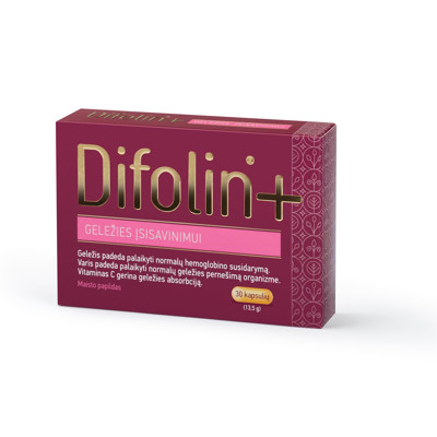 DIFOLIN +, geležies įsisavinimui, hemoglobinui, 30 kapsulių paveikslėlis
