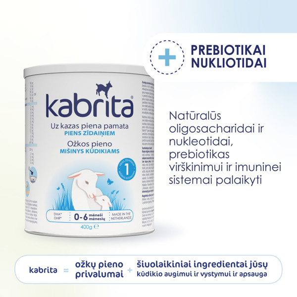 KABRITA® 1 (0 – 6 mėn)  Pradinis adaptuotas ožkos pieno mišinys,  padedantis palaikyti normalią viškinimo sistemos funkciją. 400g. paveikslėlis