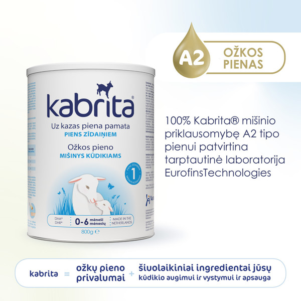 KABRITA® 1 (0 – 6 mėn)  Pradinis adaptuotas ožkos pieno mišinys,  padedantis palaikyti normalią viškinimo sistemos funkciją. 800g. paveikslėlis