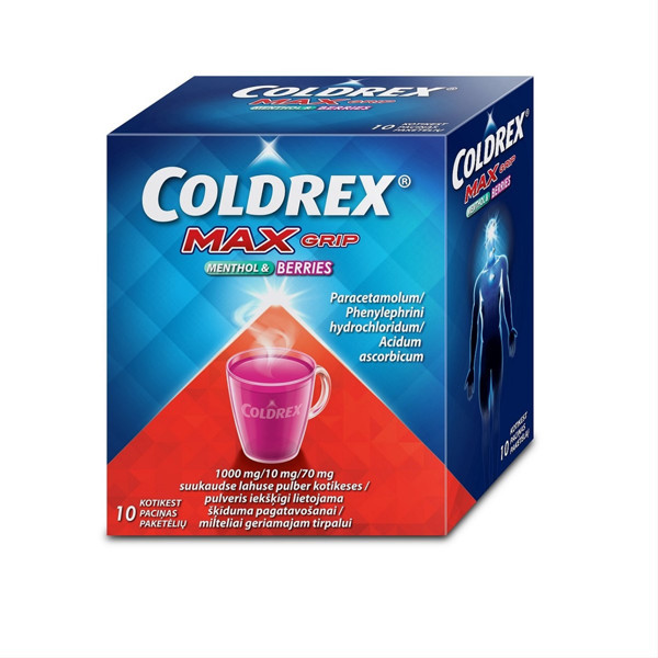 COLDREX MAXGRIP MENTHOL & BERRIES, 1000 mg/10 mg/70 mg, milteliai geriamajam tirpalui, N10  paveikslėlis