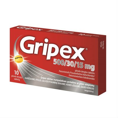 GRIPEX, 500/30/15 mg, plėvele dengtos tabletės, N10 paveikslėlis