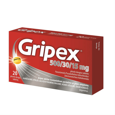 GRIPEX, 500/30/15 mg, plėvele dengtos tabletės, N20 paveikslėlis