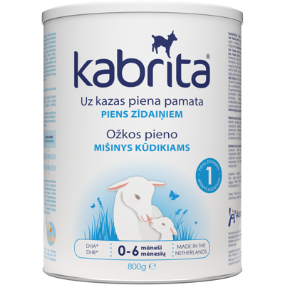 KABRITA® 1 (0 – 6 mėn)  Pradinis adaptuotas ožkos pieno mišinys,  padedantis palaikyti normalią viškinimo sistemos funkciją. 800g.