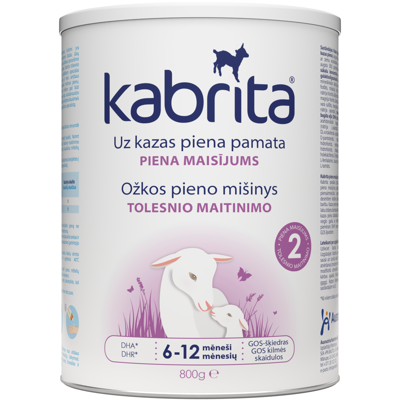 KABRITA® 2 (nuo 6-12 mėn)  Tolesnio maitinimo adaptuotas ožkos pieno mišinys, padedantis palaikyti normalią viškinimo sistemos funkciją. 800g.