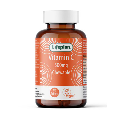 LIFEPLAN CHEWABLE VITAMIN C, 500 mg, apelsinų skonio vitaminas C su flavonoidais, 90 tablečių. Su cukrumi ir saldikliu