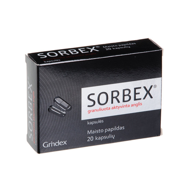 SORBEX, granuliuota aktyvinta anglis, 300 mg, 20 kapsulių paveikslėlis