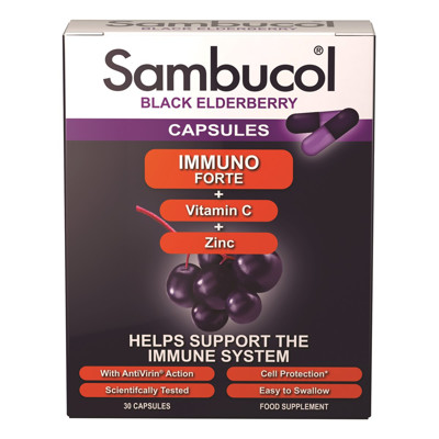SAMBUCOL BLACK ELDERBERY IMMUNO FORTE, kapsulės su juoduogiu šeivamedžio sulčių ekstraktu, vitaminu C ir cinku, 30 kapsulių paveikslėlis