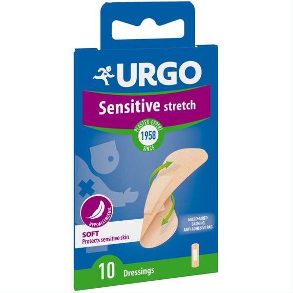 URGO SENSITIVE STRETCH ANTISEPTIC, tamprus pleistras, 2,0 x 7,2 cm, 10 vnt. paveikslėlis