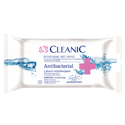 CLEANIC ANTIBACTERIAL drėgnos antibakterinės servetėlės, 15 vnt.