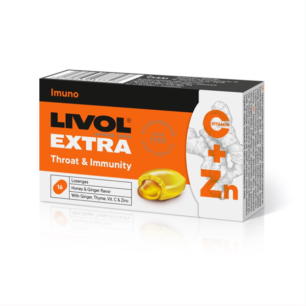 LIVOL EXTRA THROAT AND IMMUNITY, 16 gerklės pastilių paveikslėlis