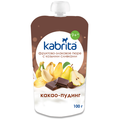 «Kabrita® Vaisinė tyrelė su grūdais ir ožkų pieno grietinėle „Kakavinis pudingas“ vaikams nuo 9 mėn. 100g.