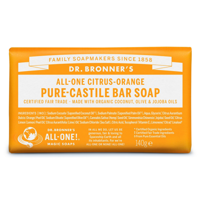 DR. BRONNER’S CITRUS-ORANGE, ekologiškas muilas su citrusinių vaisių eteriniais aliejais, 140 g