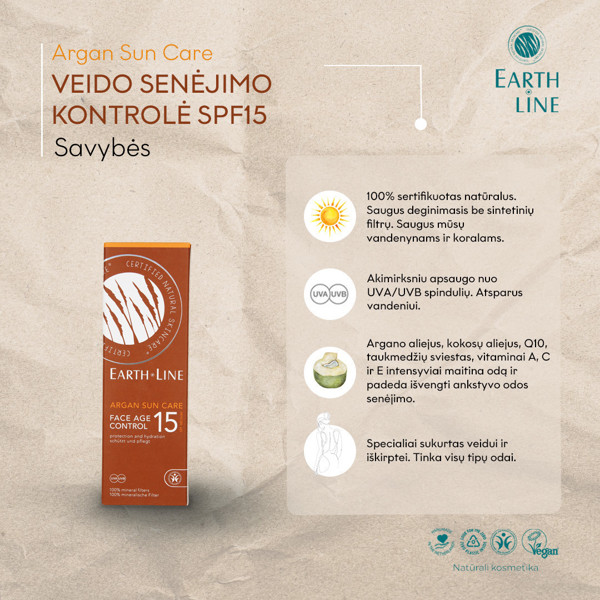 EARTH LINE Argan Sun Care SPF15 Veido senėjimo kontrolė (UVA, UVB, 100% mineraliniai filtrai) 50ml