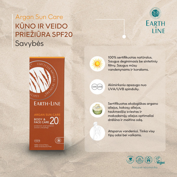 EARTH LINE Argan Sun Care SPF20 Kūno ir veido priežiūra, UVA, UVB, 100% mineraliniai filtrai 150ml