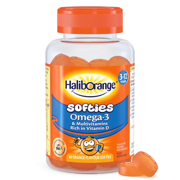 Haliborange Omega-3 & Multivitamins Softies Orange, apelsinų skonio omega-3 ir multivitaminų guminukai, 60 guminukų