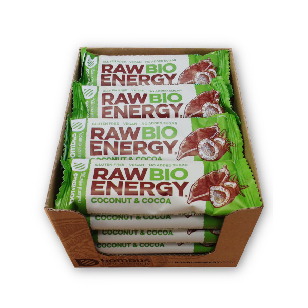 BOMBUS RAW BIO ENERGY ekologiškas batonėlis su kakava ir kokosu, 20×50 g