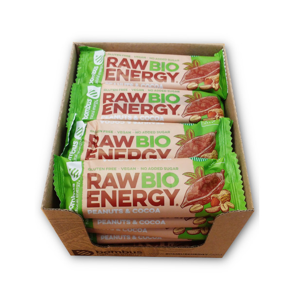 BOMBUS RAW BIO ENERGY ekologiškas batonėlis su žemės riešutais ir kakava, 20x50 g