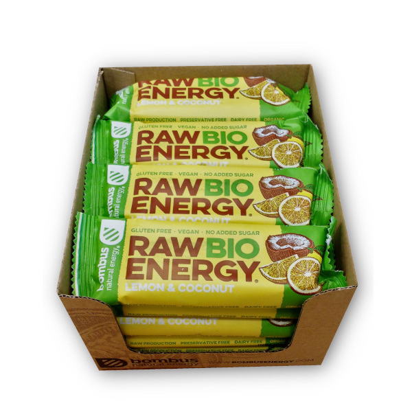 BOMBUS RAW BIO ENERGY ekologiškas vaisių batonėlis su kokosu ir citrina, 20x50 g