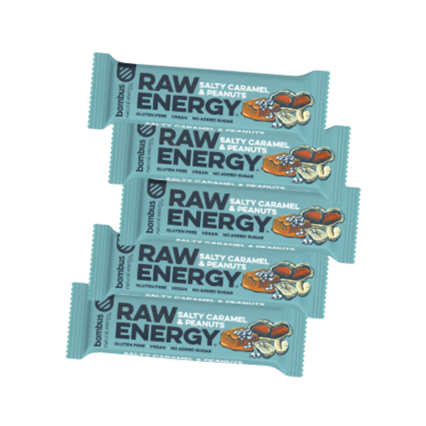 BOMBUS RAW ENERGY batonėlis su sūdyta karamele, 50 g x 20 vnt.