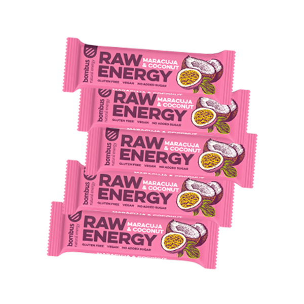 BOMBUS RAW ENERGY batonėlis su marakuja ir kokosu, 50 g x 20 vnt.