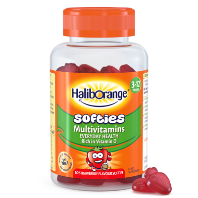 Haliborange Multivitamins Softies Strawberry, braškių skonio multivitaminų guminukai, 60 guminukų