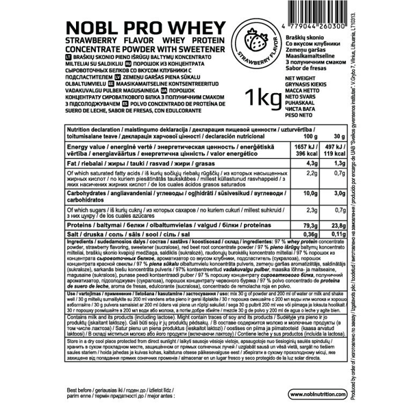 NOBL NUTRITION PRO WHEY pieno išrūgų baltymai, braškių skonio, be laktozės, 1000G