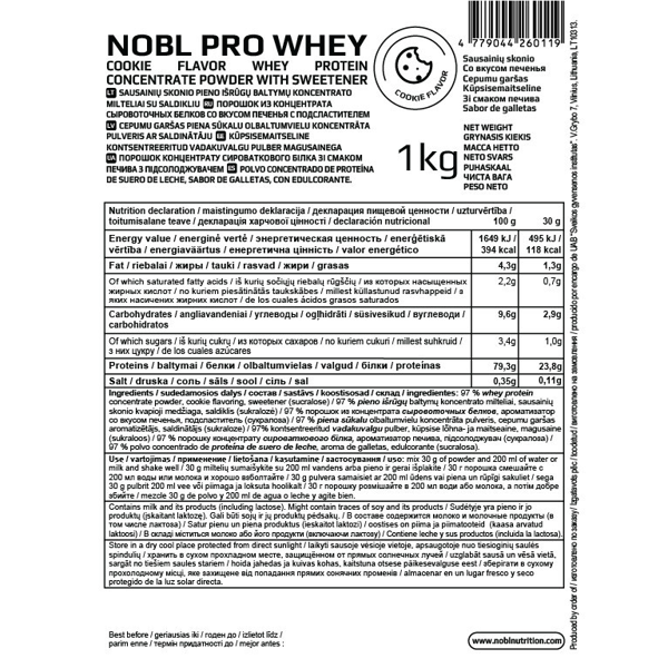 NOBL NUTRITION PRO WHEY pieno išrūgų baltymai, sausainių skonio, be laktozės, 1000 G