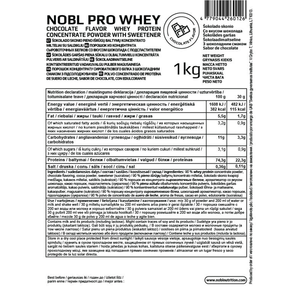 NOBL NUTRITION PRO WHEY pieno išrūgų baltymai, šokolado skonio, be laktozės, 1000G