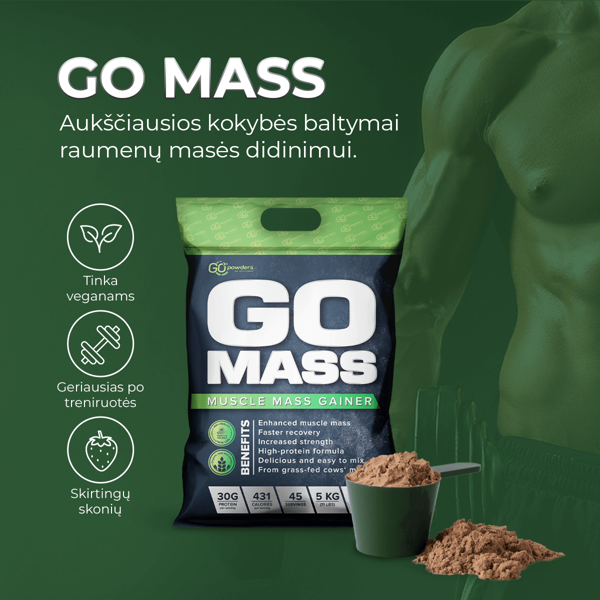 GO POWDERS GO MASS GAINERIS Masės augimo proteino kokteilis Šokolado ir lazdyno riešutų skonio, 5 kg