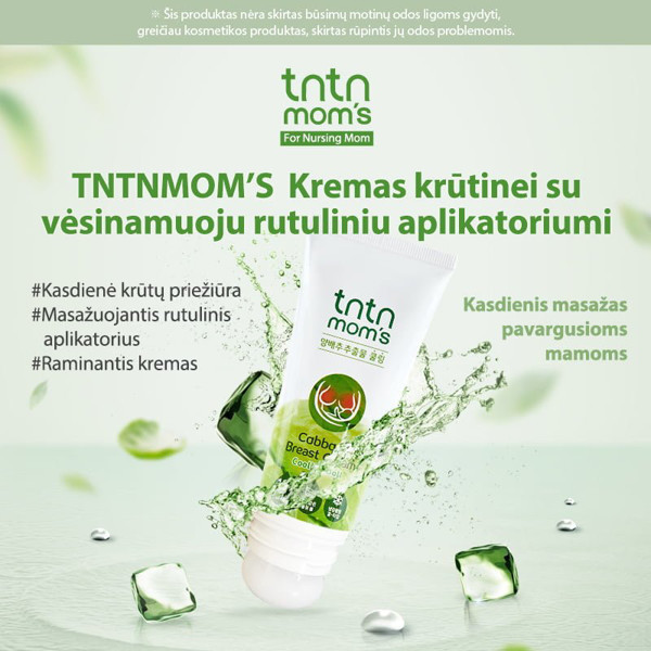 tntn mom’s Kremas krūtinei su vėsinamuoju rutuliniu aplikatoriumi, 100 ml.