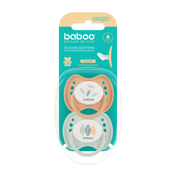 BABOO® Calmy silikoniniai ortodontiniai čiulptukai (2 vnt) su sterili. dėž., Peachy Keen, 0+ mėn