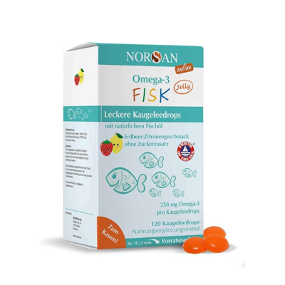 NORSAN OMEGA-3 KIDS JELLY, 120 braškių citrinų skonio guminukų paveikslėlis