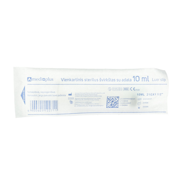 AMEDIPLUS, Švirkštas, 10 ml, guminiu stūmokliu, Luer slip, 0,8 x 38 mm  paveikslėlis