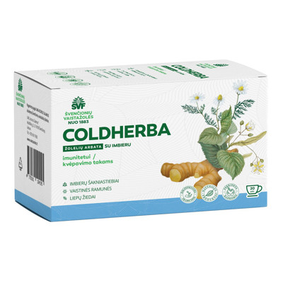 ŠVENČIONIŲ VAISTAŽOLĖS COLDHERBA, žolelių arbata su imbieru, kvėpavimo takams, imunitetui, 2g x 20 paveikslėlis