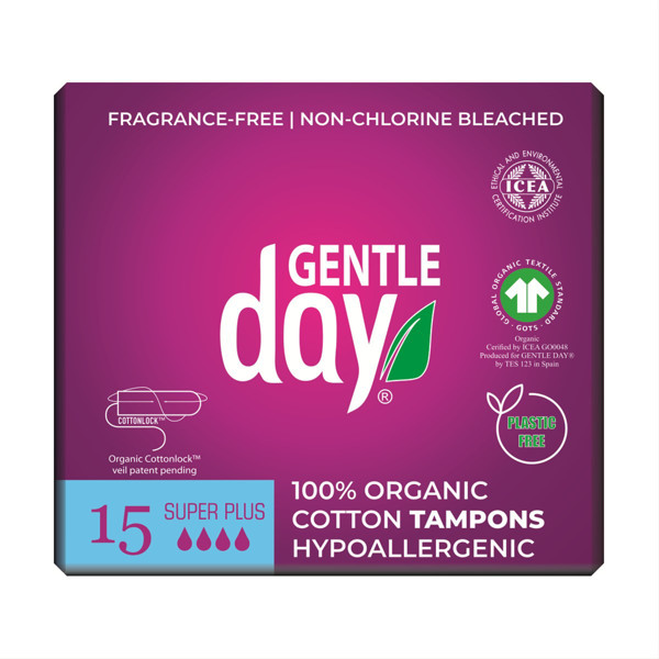 GENTLE DAY SUPER PLUS,ekogiškos medvilnės tamponai, 15 vnt. paveikslėlis