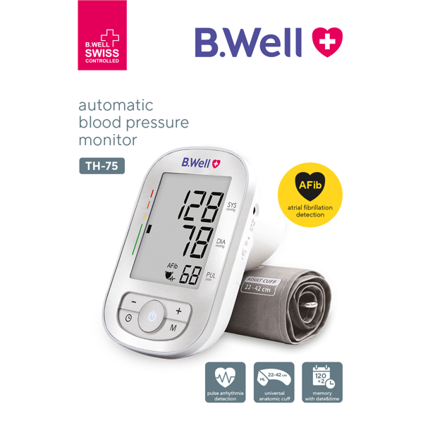 B.Well TH-75 automatinis kraujospūdžio matuoklis su prieširdžių virpėjimo AFIB technologija