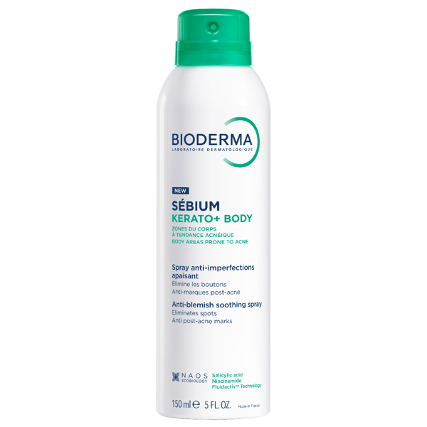 BIODERMA SEBIUM KERATO+ BODY, raminamasis kūno purškiklis nuo spuogų į aknę linkusiai odai, 150ml  paveikslėlis