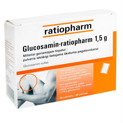GLUCOSAMIN-RATIOPHARM, 1,5 g, milteliai geriamajam tirpalui, N20 paveikslėlis