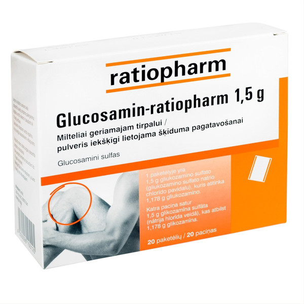 GLUCOSAMIN-RATIOPHARM, 1,5 g, milteliai geriamajam tirpalui, N20 paveikslėlis