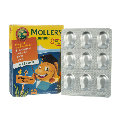 MOLLER'S OMEGA-3 JUNIOR, citrinų-apelsinų skonio, 45 kramtomosios gelinės žuvelės  paveikslėlis