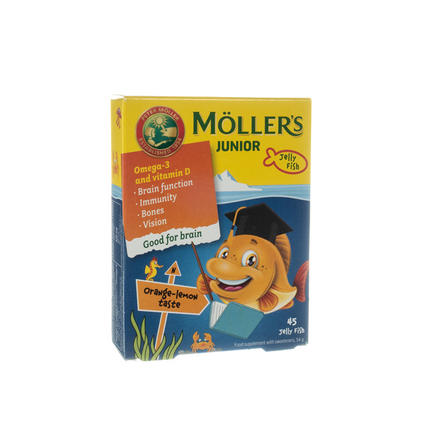 MOLLER'S OMEGA-3 JUNIOR, citrinų-apelsinų skonio, 45 kramtomosios gelinės žuvelės  paveikslėlis