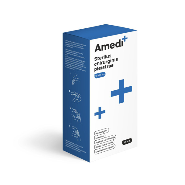 AMEDIPLUS, pleistras sterilus chirurginis 10x25 cm, N50 paveikslėlis AMEDIPLUS, pleistras sterilus chirurginis 10x25 cm, N50 paveikslėlis