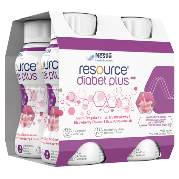 RESOURCE DIABET PLUS, Plus braškių skonio gėrimas, 200ml, 4 vienetai paveikslėlis