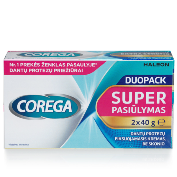 COREGA EXTRA STRONG FLAVOURLESS, fiksuojantis kremas be skonio, 2x40g paveikslėlis COREGA EXTRA STRONG FLAVOURLESS, fiksuojantis kremas be skonio, 2x40g paveikslėlis