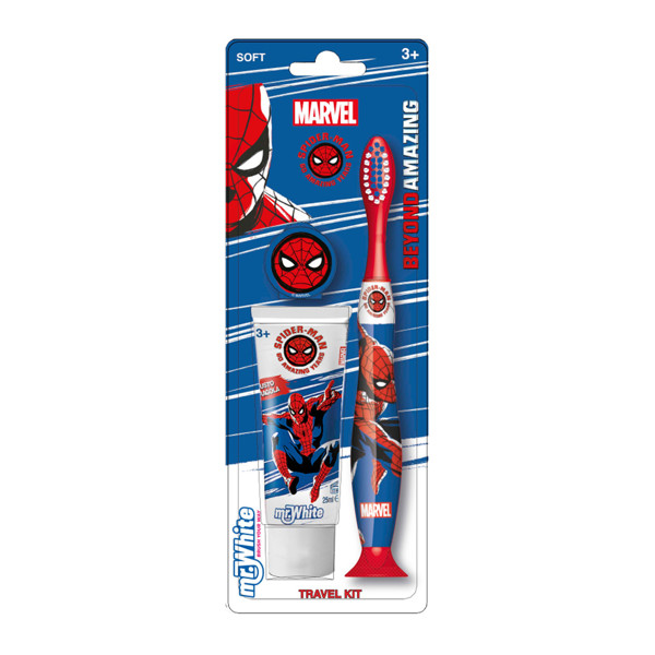 Mr. White SPIDER-MAN kelioninis rinkinys vaikams: dantų pasta, 25 ml. + dantų šepetėlis, 1 vnt.