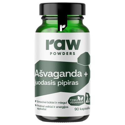 RAW POWDERS AŠVAGANDA, su juoduoju pipiru PLUS, 90 kapsulių paveikslėlis
