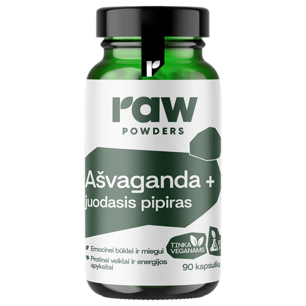 RAW POWDERS AŠVAGANDA, su juoduoju pipiru PLUS, 90 kapsulių paveikslėlis